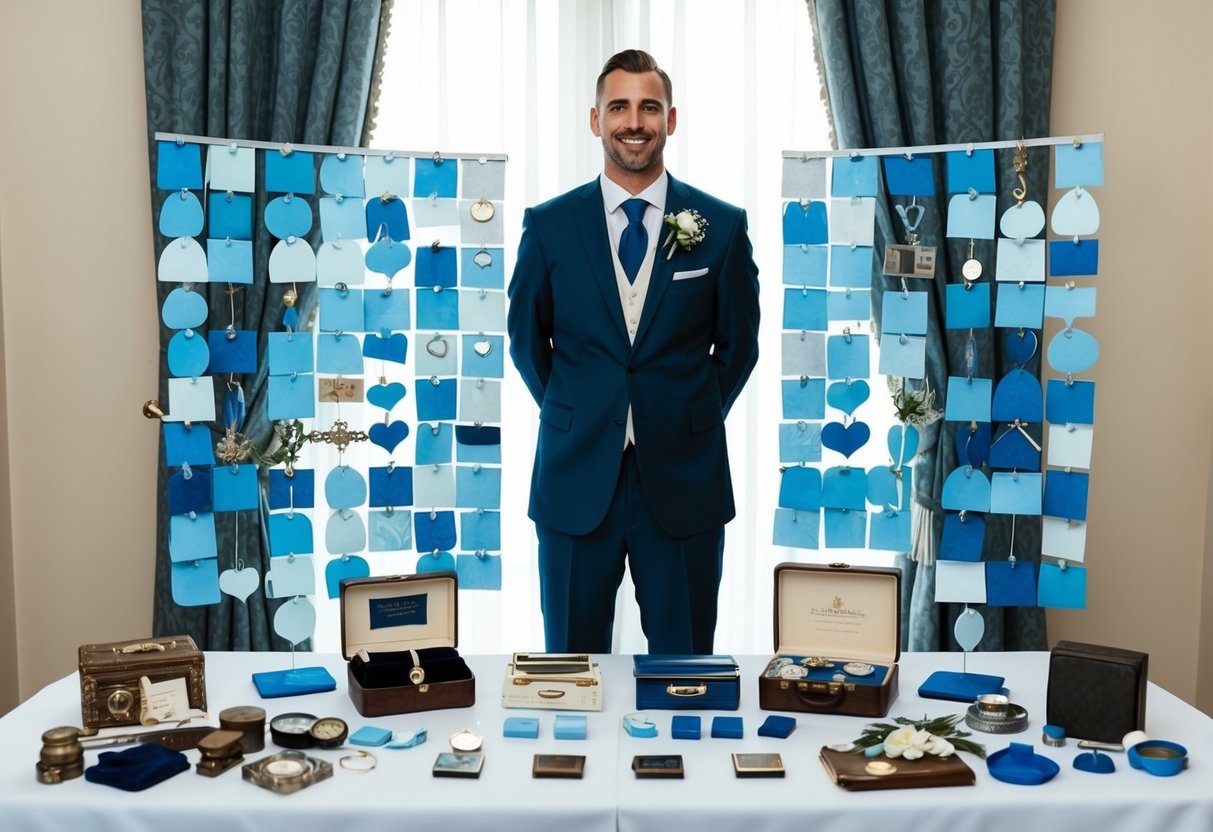 A groom standing before a table with old, new, borrowed, and blue items arranged in a meaningful display
