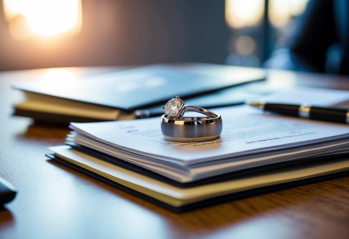 A wedding ring placed on top of a pile of legal documents