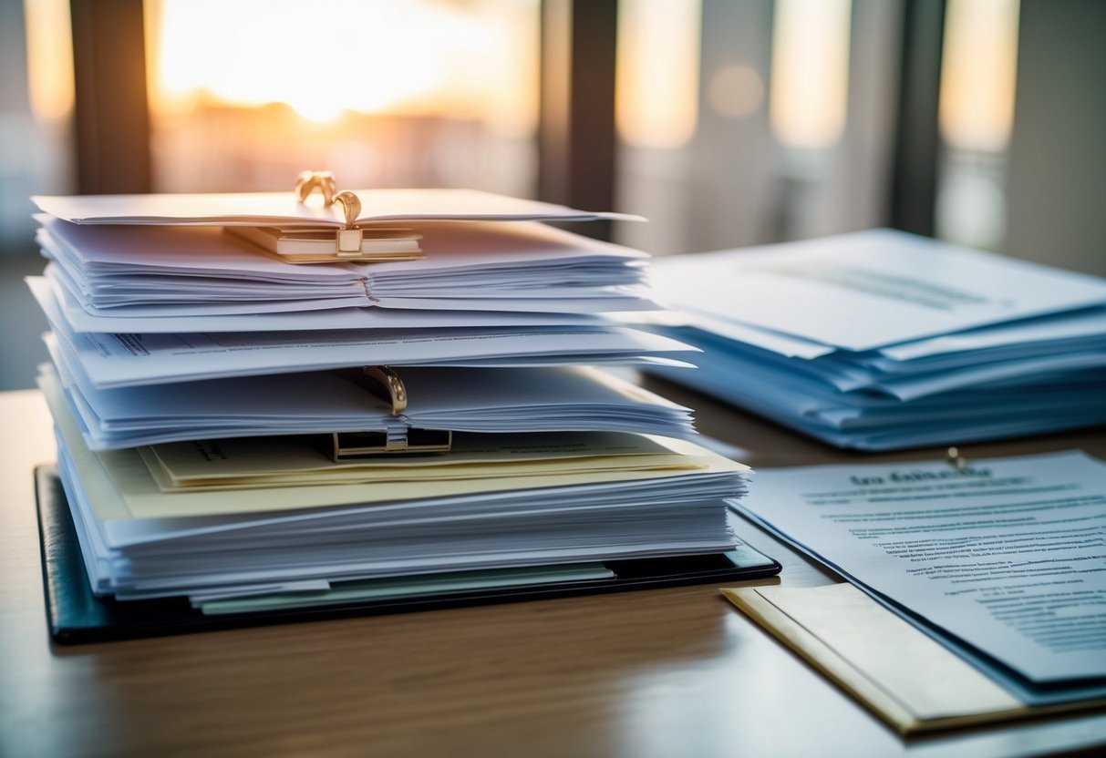A stack of legal documents, including divorce papers, marriage certificates, and other necessary paperwork, arranged on a desk