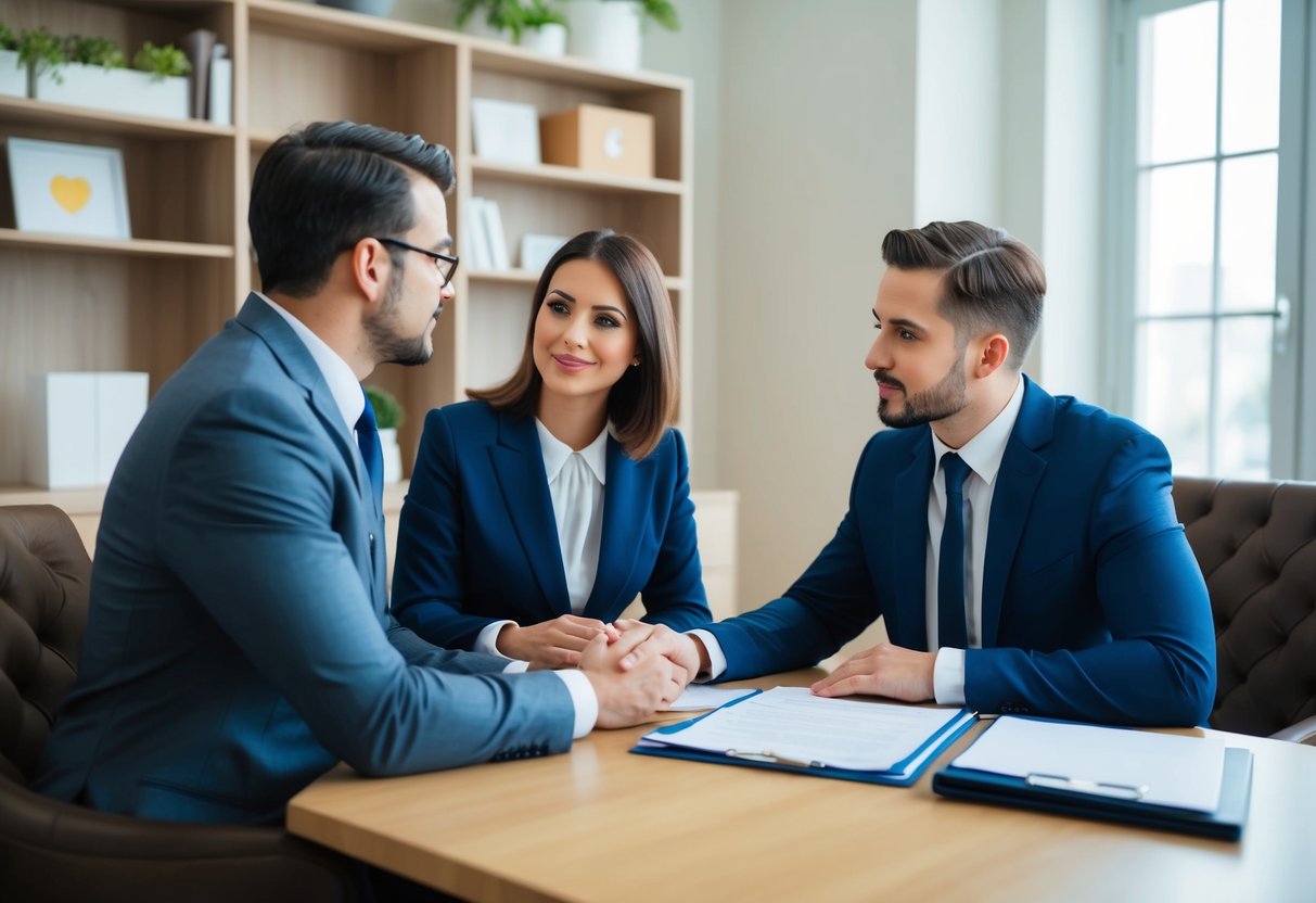 A couple consulting with a lawyer in a cozy office, discussing legal matters and paperwork related to divorce and marriage
