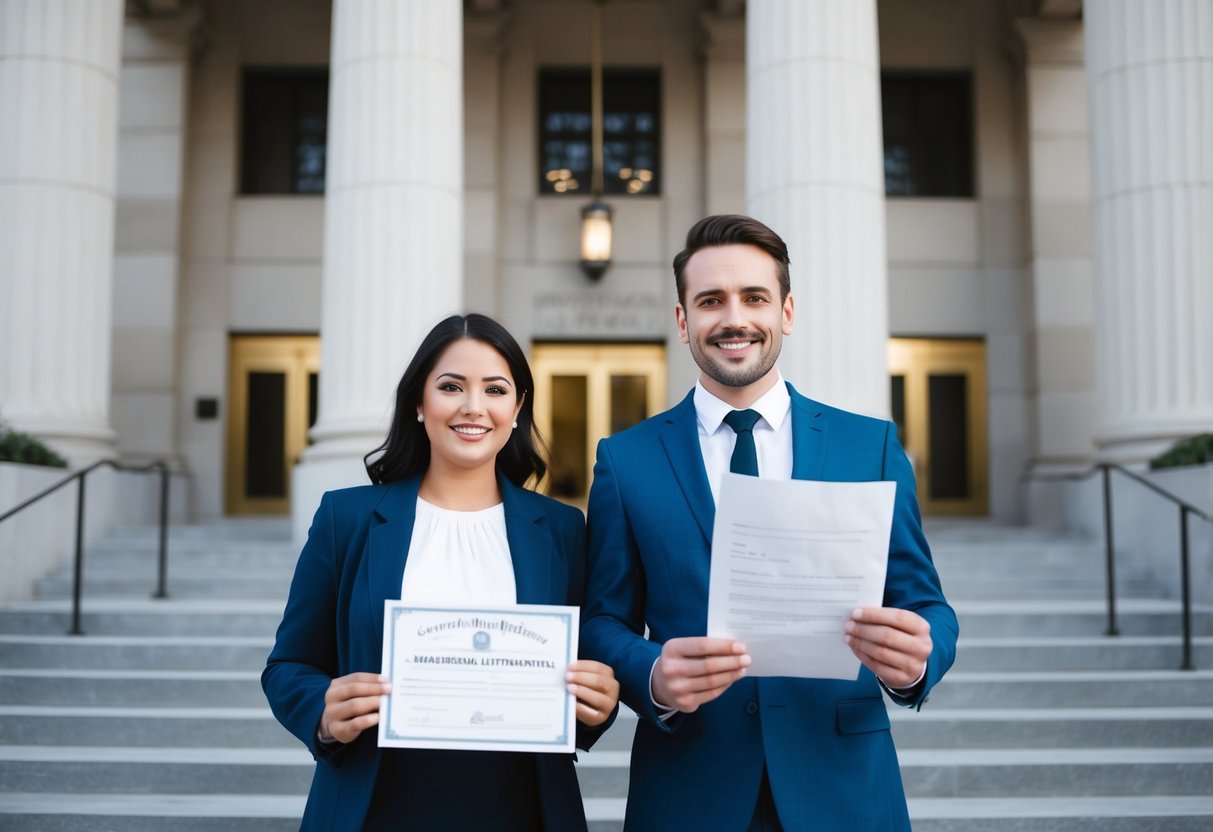 A couple standing in front of a courthouse, with one holding a marriage certificate and the other holding divorce papers