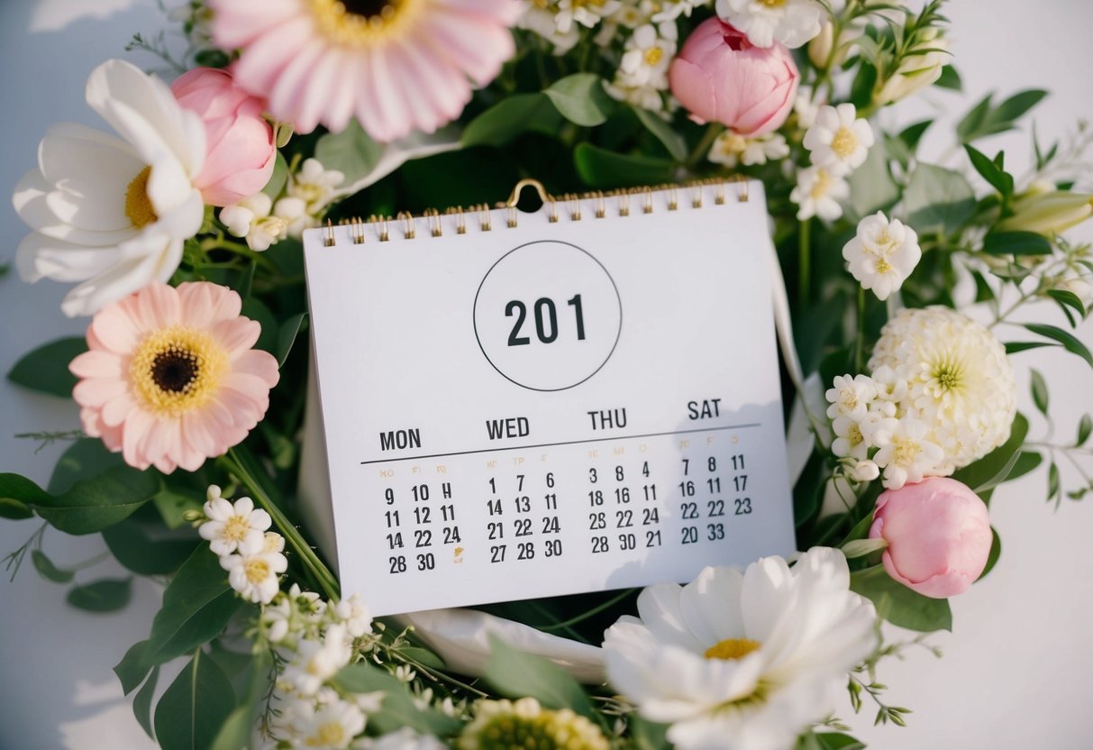 A calendar with a circle around a date, surrounded by flowers and wedding decor