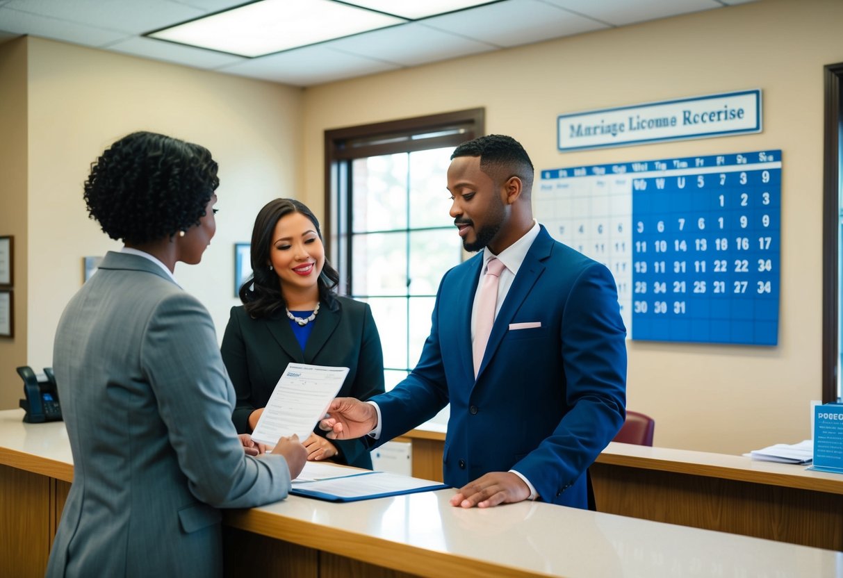 A couple stands at a government office counter, speaking to a clerk about marriage license requirements. A calendar on the wall indicates the days required for notice
