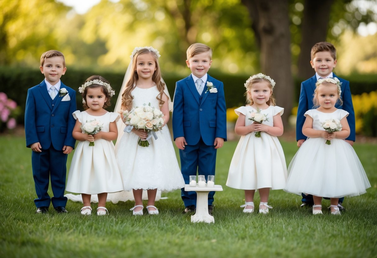 A group of children dressed in miniature wedding attire, symbolizing a tom thumb wedding, with a small makeshift altar and flower decorations