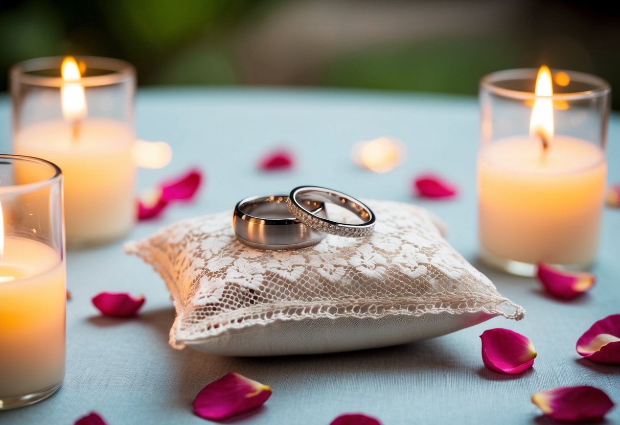 A couple's wedding rings placed on a delicate lace pillow, surrounded by soft candlelight and scattered rose petals
