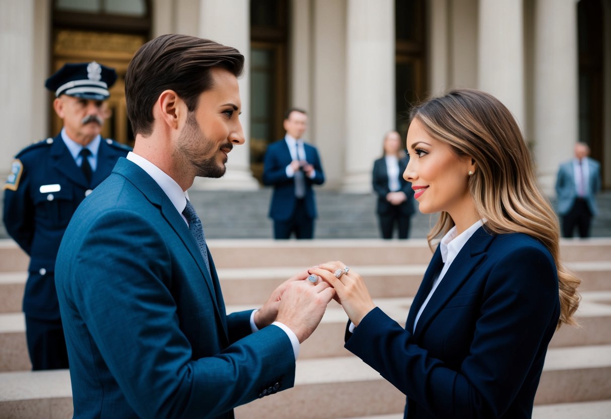 A man and a woman exchange rings in a courthouse while a suspicious official looks on