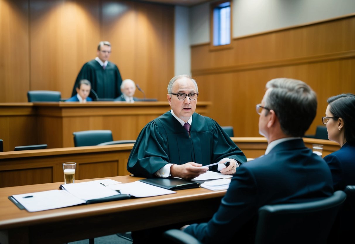 A courtroom with a judge presiding over a case involving a suspected sham marriage. Lawyers present evidence and arguments