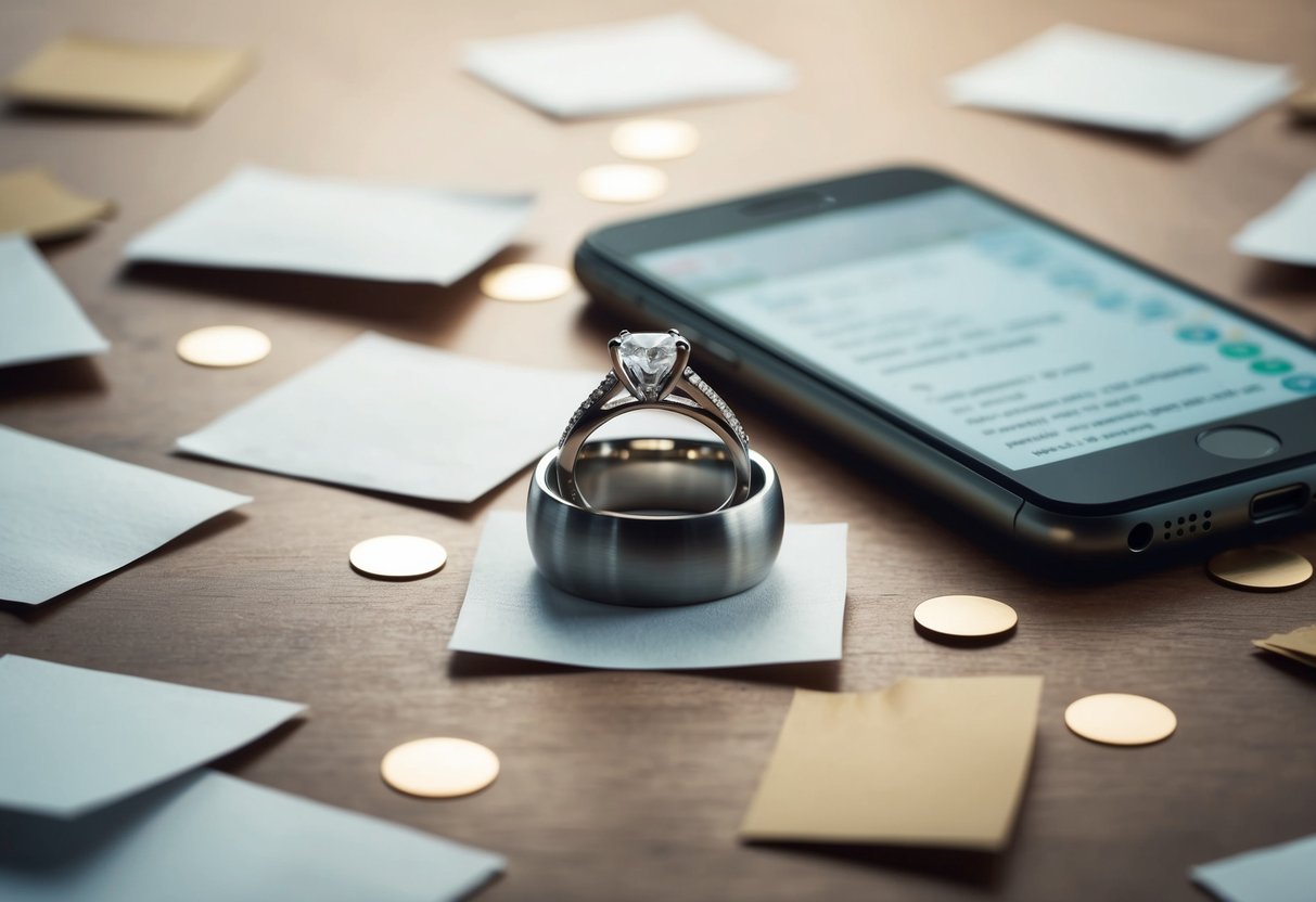 A wedding ring lying on a table, surrounded by scattered pieces of paper and a phone with suspicious messages