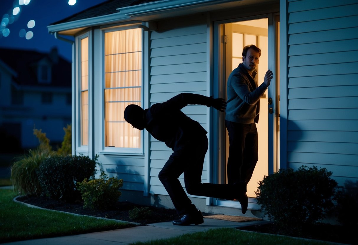 A shadowy figure sneaking out of a suburban house at night, while a spouse peers through a window with a look of betrayal