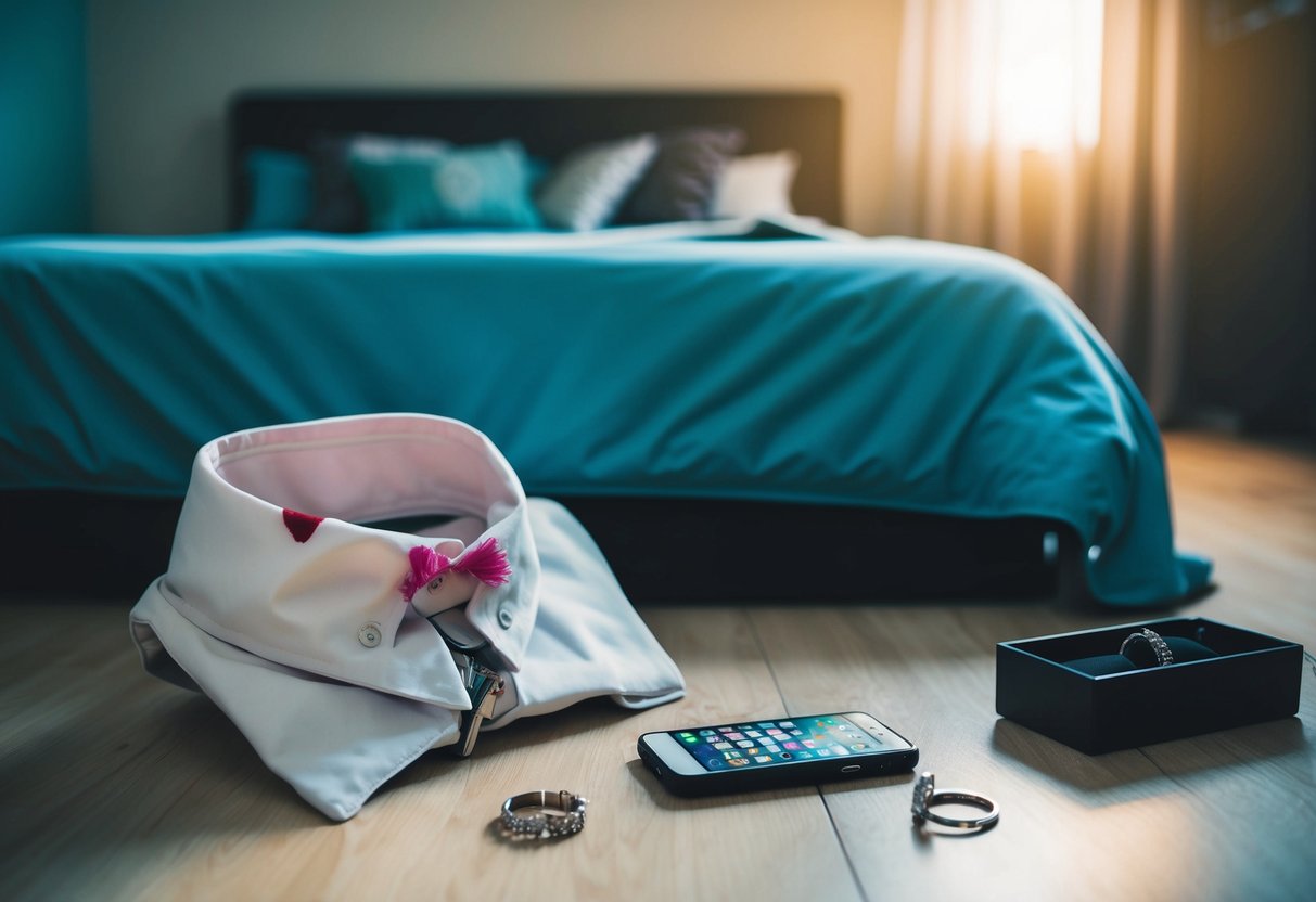 A disheveled bed with a lipstick-stained collar on the floor, a hidden phone with incriminating messages, and a suspiciously empty wedding ring box
