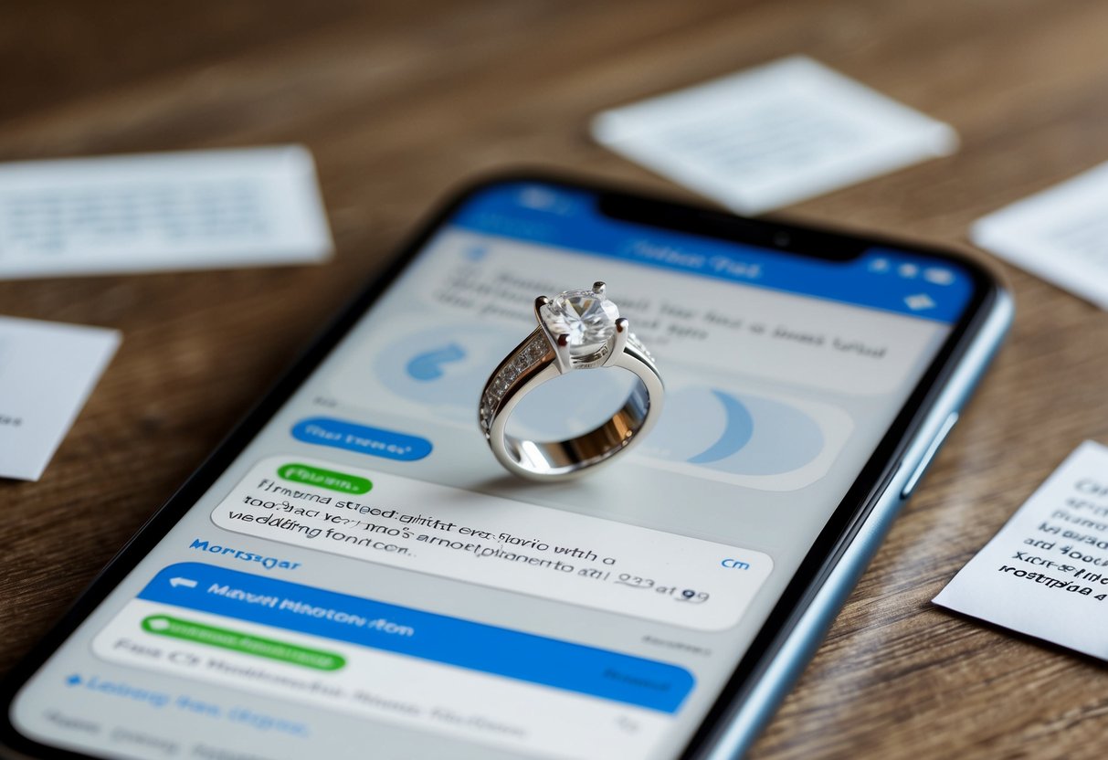 A wedding ring placed on a digital device, surrounded by messages and notifications