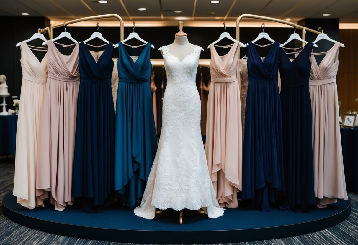 A group of elegant dresses in various shades of navy and blush are on display, with the mother of the bride dress in the center