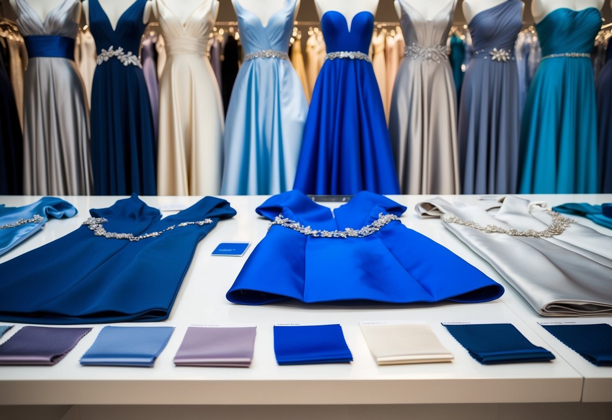 A display of elegant dresses in various shades of blue and silver, with swatches of fabric in different hues laid out on a table