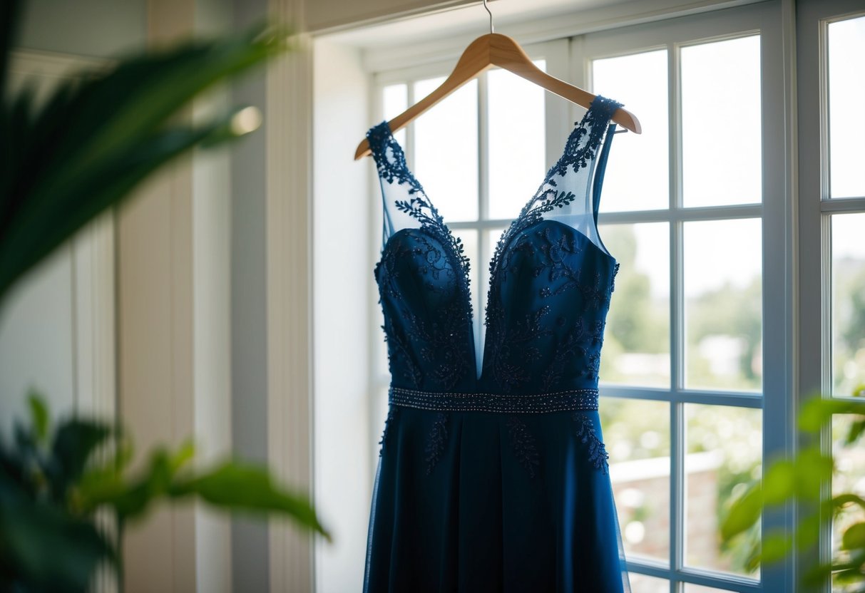 A woman's elegant dress in a deep navy blue, with delicate lace and beading details, hanging on a hanger in a sunlit room