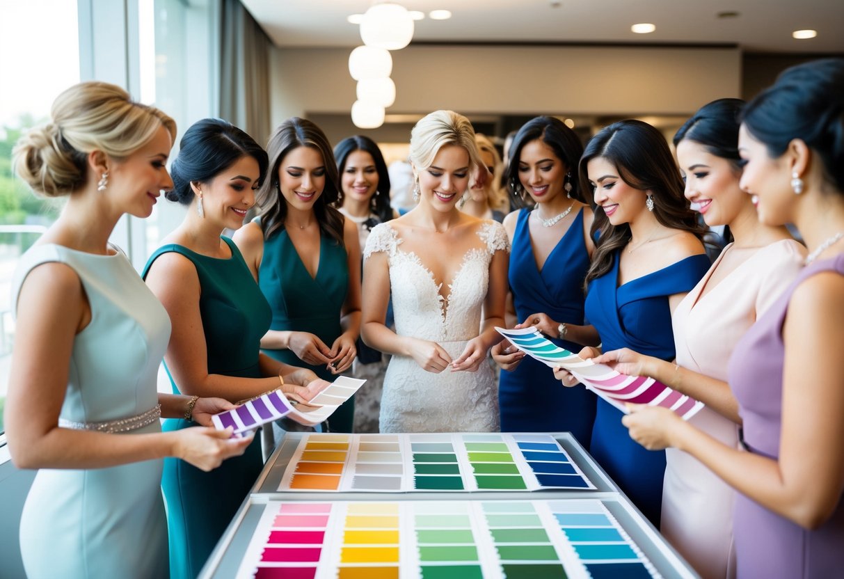 A group of elegantly dressed women browsing through a variety of modern and trendy color swatches for the mother of the bride outfit