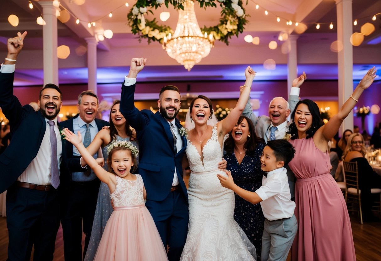 A joyful couple celebrating with friends and family at a beautifully decorated wedding reception venue