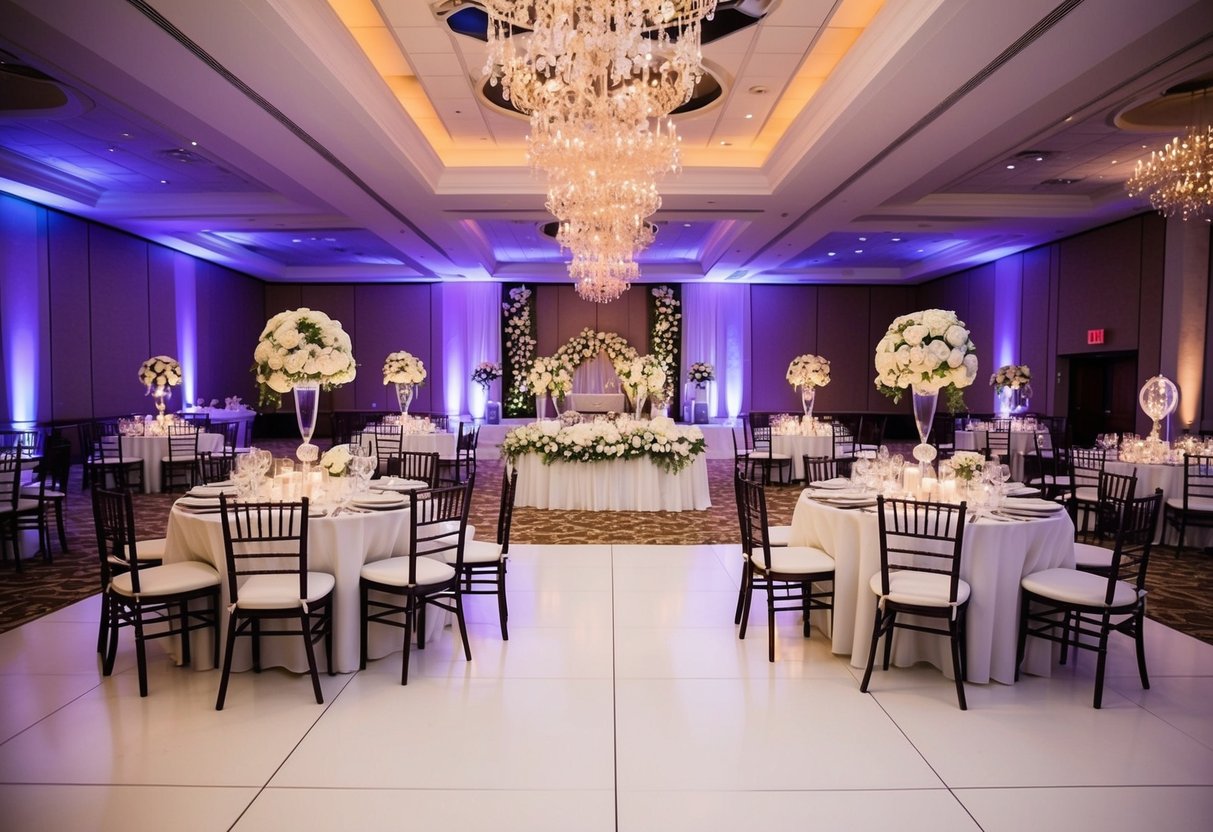 A festive wedding reception with tables, chairs, and a dance floor set up in a spacious, elegant venue with decorative lighting and floral arrangements