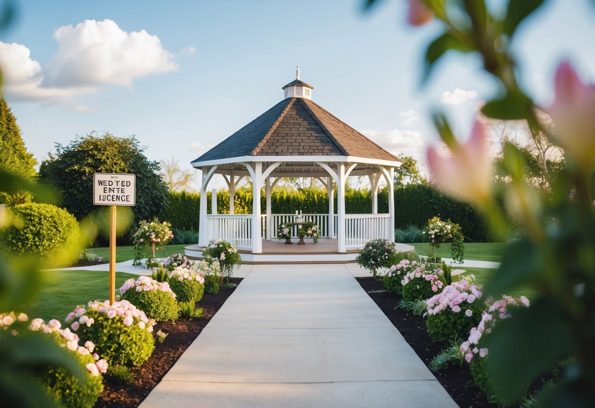 A picturesque outdoor wedding reception venue with a gazebo, surrounded by lush greenery and blooming flowers, with a sign indicating the need for a licence
