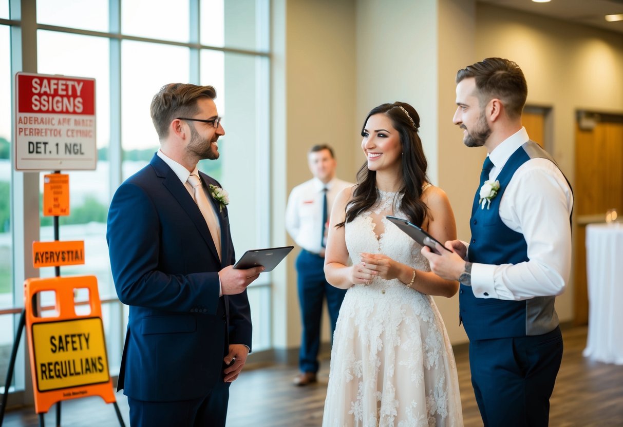 A couple standing at a reception venue, discussing with a staff member holding a license. Safety signs and regulations displayed in the background