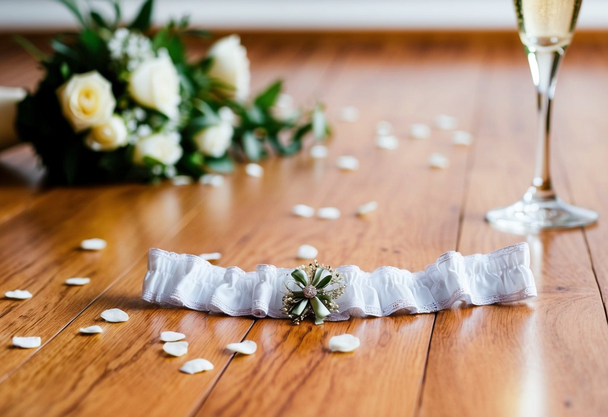 A garter lies on a wooden floor next to a scattered bouquet and champagne glass