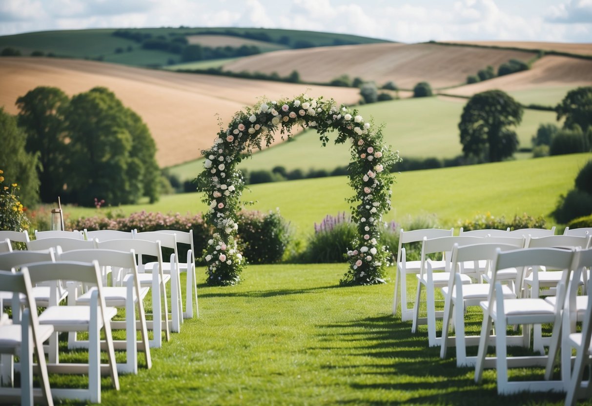 An idyllic English countryside with a charming outdoor wedding set-up, complete with a floral arch, white chairs, and a picturesque backdrop of rolling hills