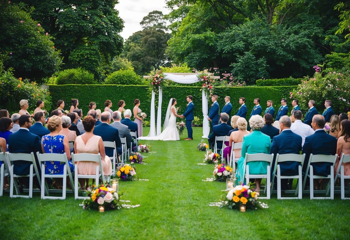 An outdoor wedding ceremony in a lush green garden with a small group of people seated in socially distanced chairs, with colorful flowers and decorations adorning the area