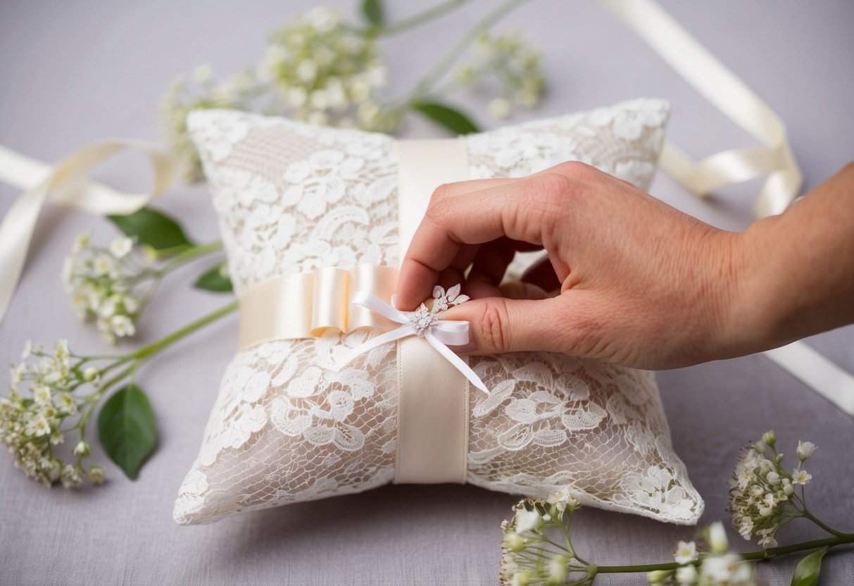 A hand places a garter on a lace pillow, surrounded by delicate flowers and ribbons