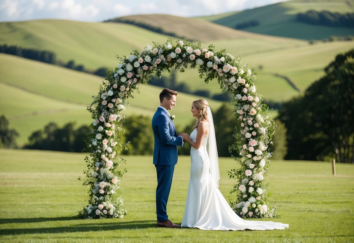 A couple exchanging vows under a floral arch in a picturesque outdoor setting, with rolling green hills in the background