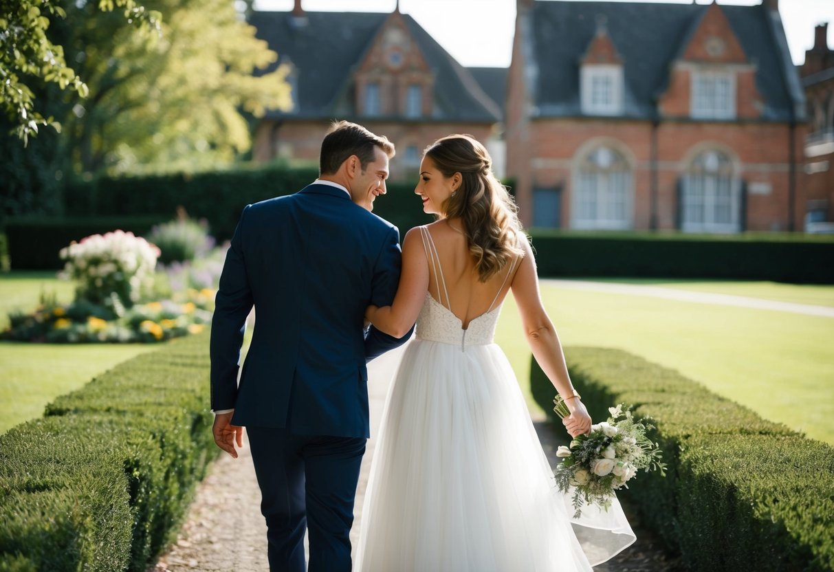 A couple sneaking away from a quiet town hall, exchanging vows in a secluded garden