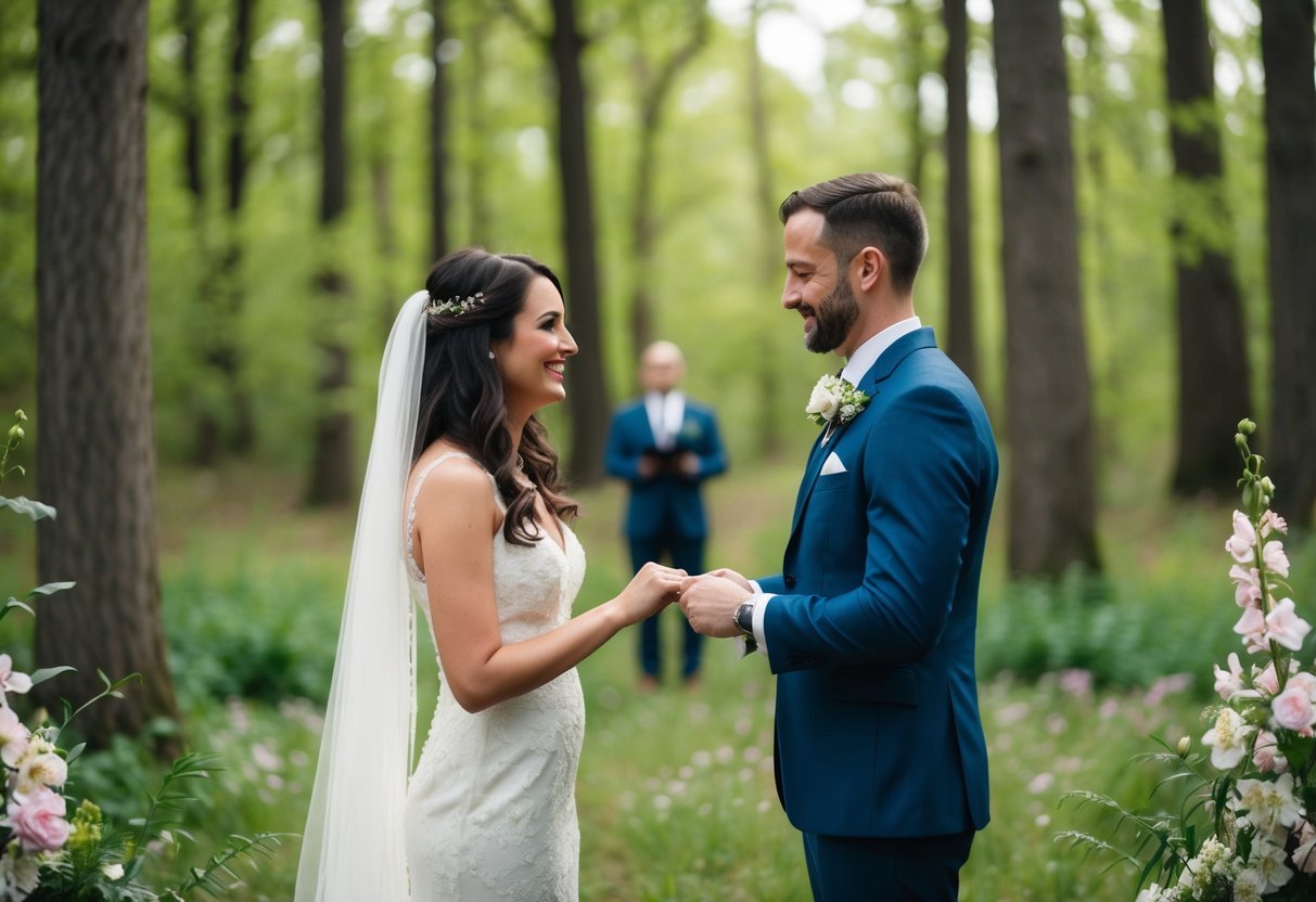 A couple exchanging vows in a secluded forest clearing, surrounded by lush greenery and blooming flowers