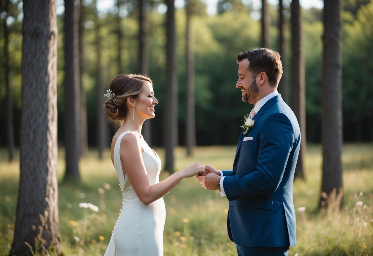 A couple exchanging vows in a secluded forest clearing, with no witnesses present