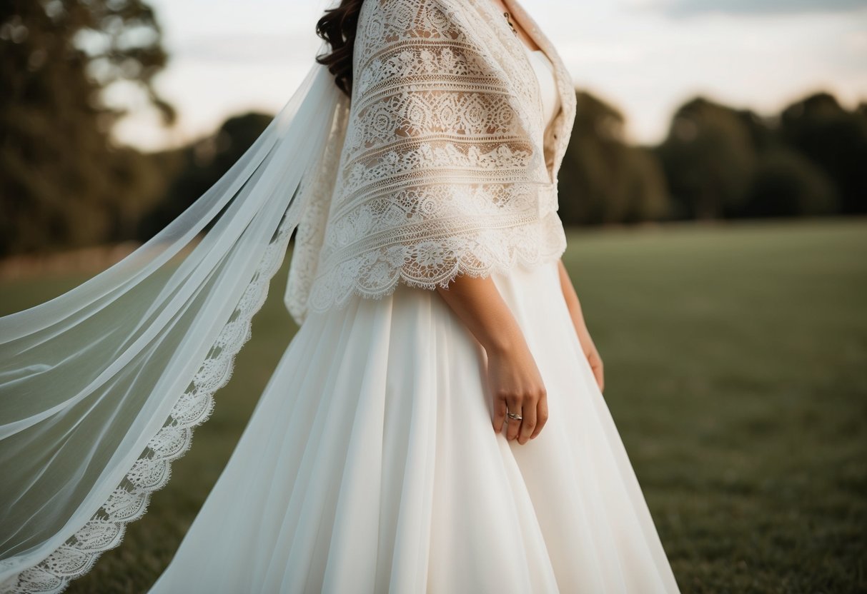 A delicate lace shawl drapes over a flowing wedding gown