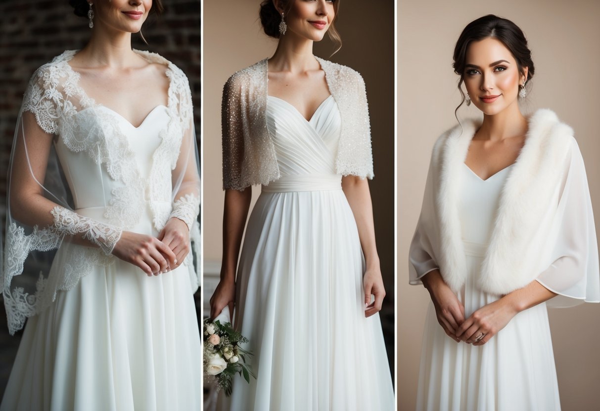A bride's dress with a sheer lace shawl for a spring wedding, a delicate beaded bolero for a winter wedding, a flowy chiffon cape for a summer wedding, and a faux fur stole for a fall wedding
