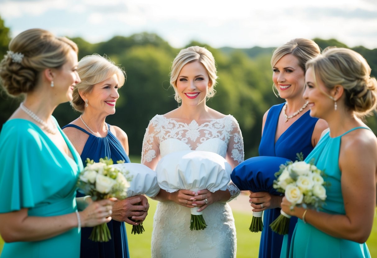 A wedding guest holding a variety of elegant cover-up options for a bride's dress