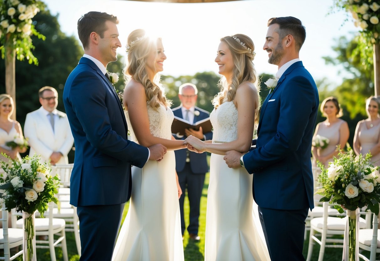 Two couples stand side by side at the altar, exchanging vows in a beautiful outdoor ceremony. The sun shines down on the happy occasion as the couples say "I do" simultaneously