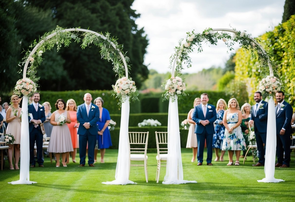Two wedding arches stand side by side in a lush garden, adorned with flowers and ribbons. A pair of elegant chairs sit at the center, surrounded by joyful guests