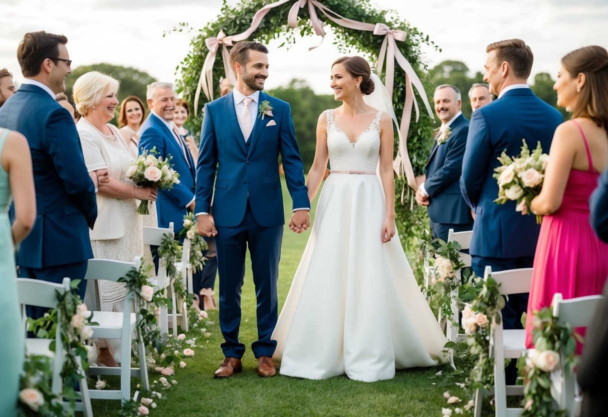 Two couples stand side by side, holding hands, surrounded by flowers and smiling guests. A beautiful archway adorned with ribbons and greenery serves as the backdrop for the joyous occasion