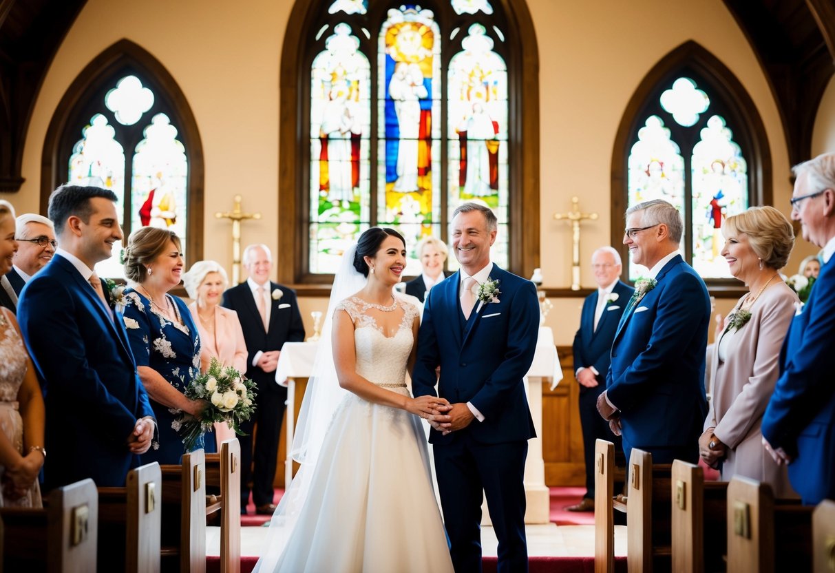 Two couples stand at the altar, surrounded by family and friends. The sun shines through stained glass windows, casting a warm glow over the joyful scene