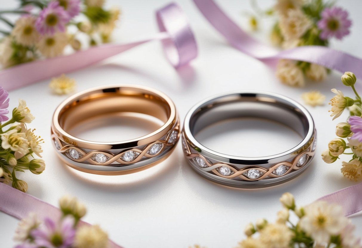 Two pairs of intertwined wedding rings surrounded by delicate flowers and ribbons, symbolizing the union of two couples in a double wedding celebration