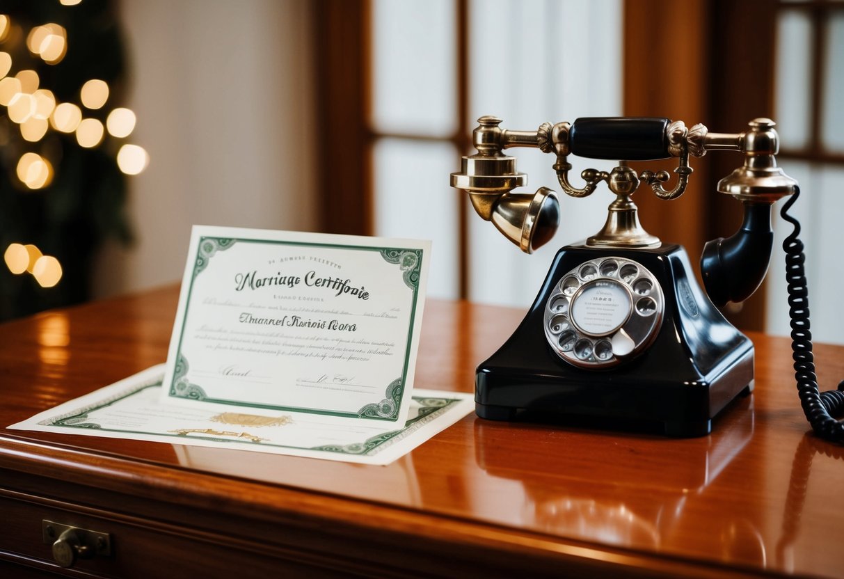 A vintage telephone and a marriage certificate on a wooden desk