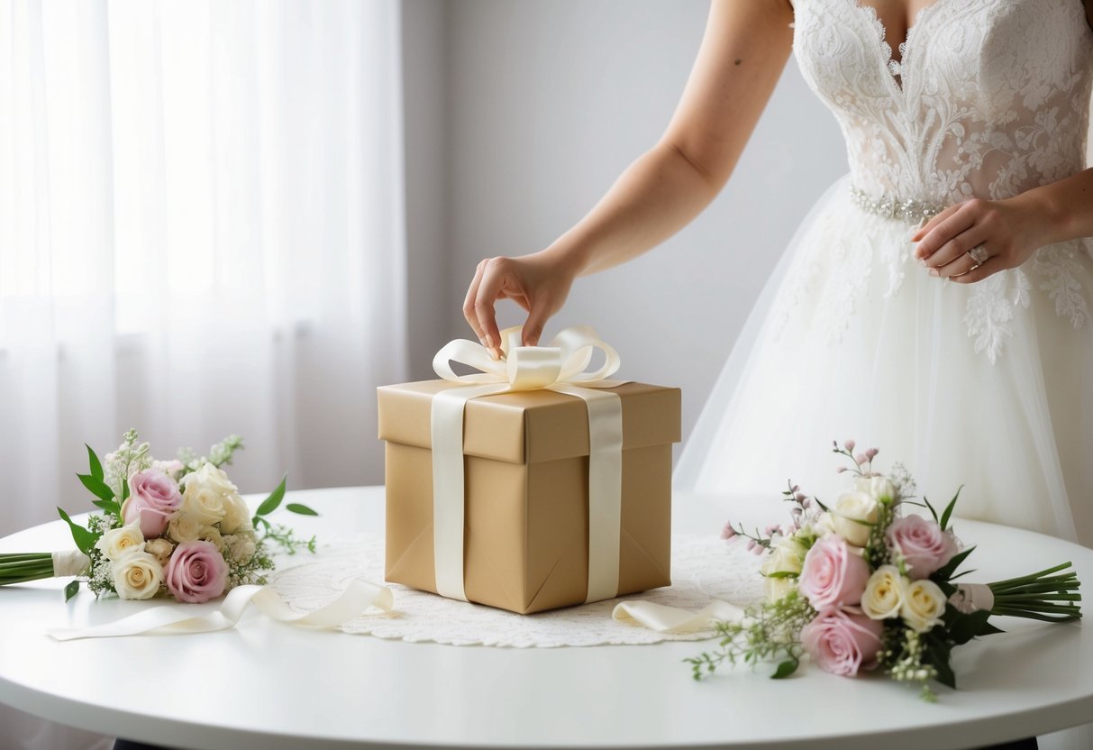 A bride placing a beautifully wrapped gift box on a table with delicate flowers and ribbons around it