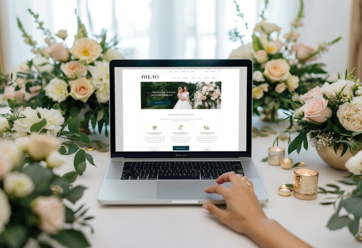 A laptop displaying a wedding website with elegant design and wedding details, surrounded by floral arrangements and wedding decor