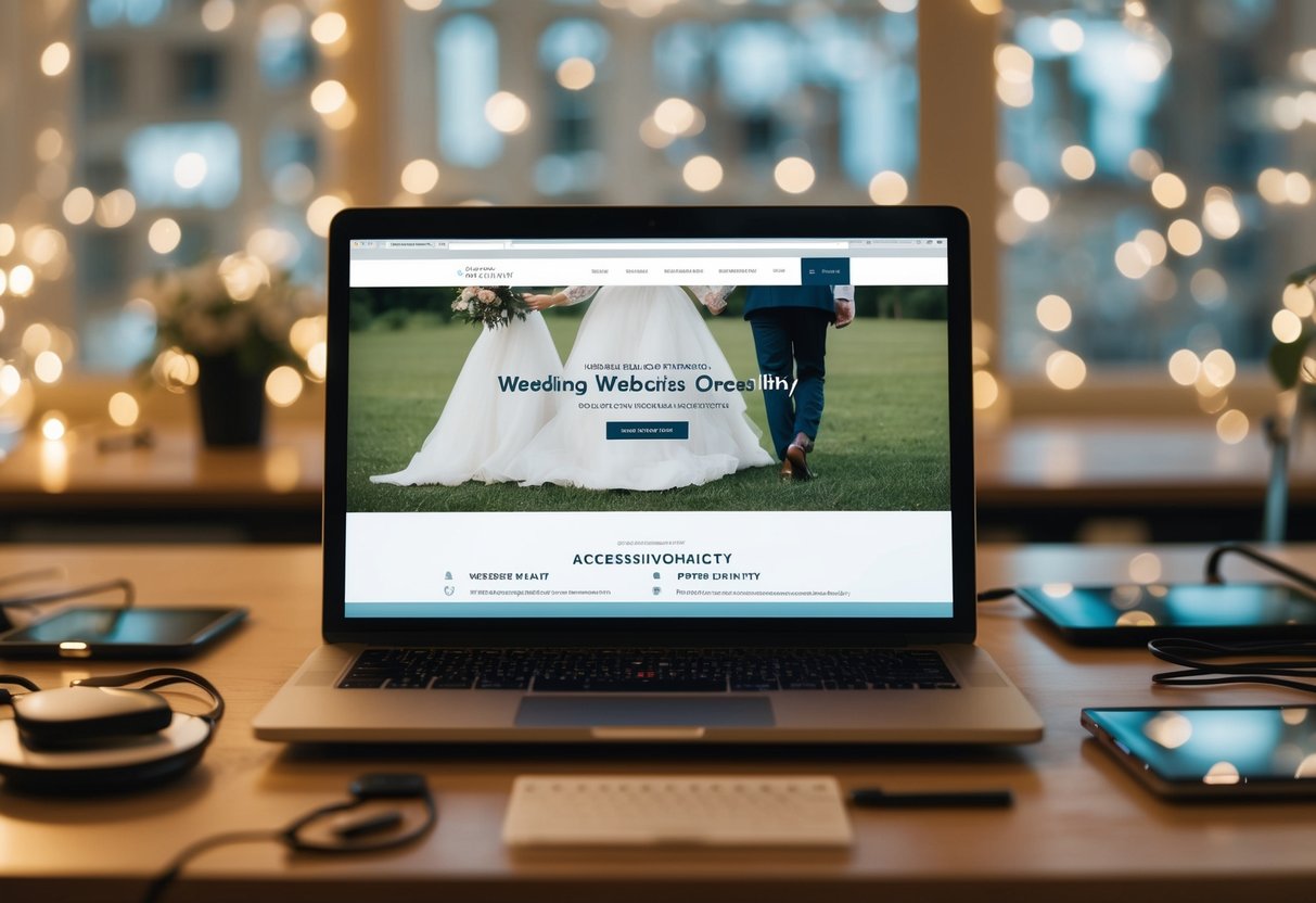 A laptop with a wedding website open, surrounded by various devices and tools for accessibility