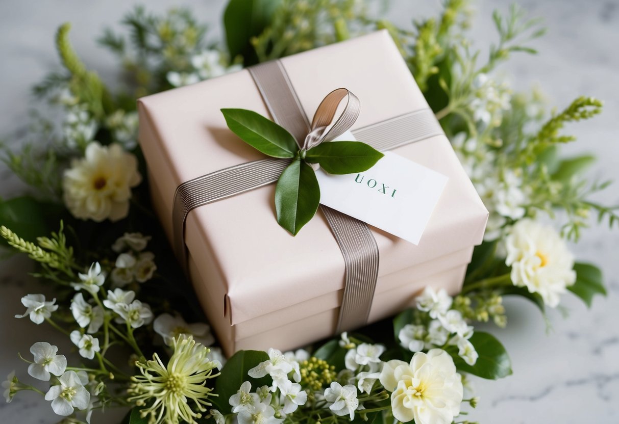 A beautifully wrapped gift box with a ribbon and a tag, surrounded by delicate flowers and greenery