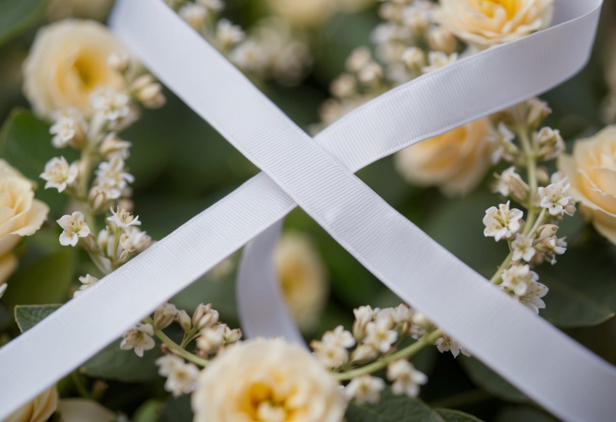 Two intertwined ribbons in the shape of an "X", surrounded by delicate floral decorations