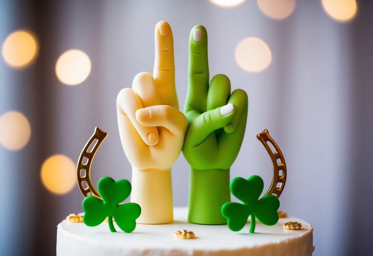 A wedding cake topper with two intertwined fingers, one crossed over the other, surrounded by lucky symbols like horseshoes and four-leaf clovers