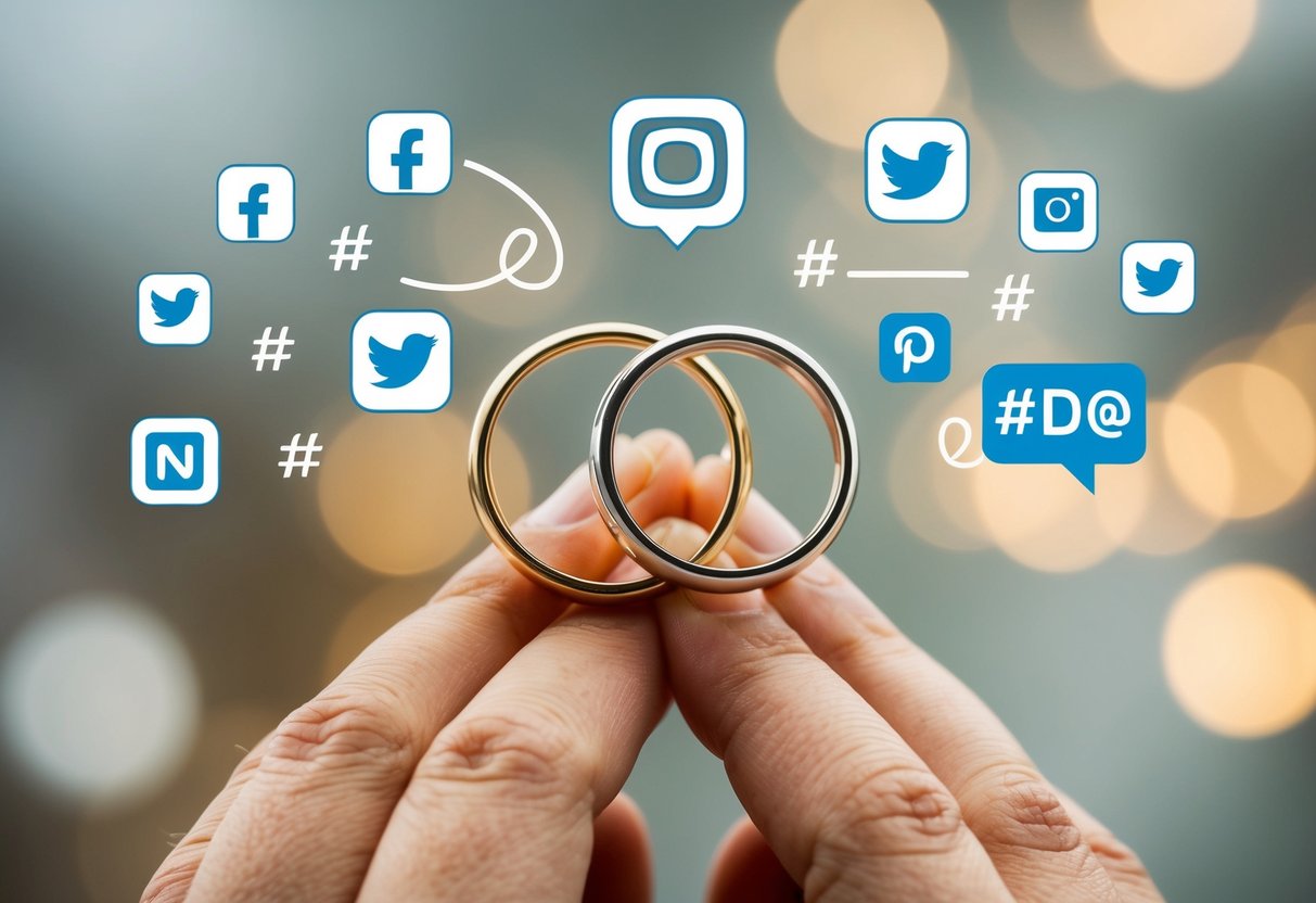 Two wedding rings intertwined with crossed fingers above, surrounded by social media icons and trending hashtags