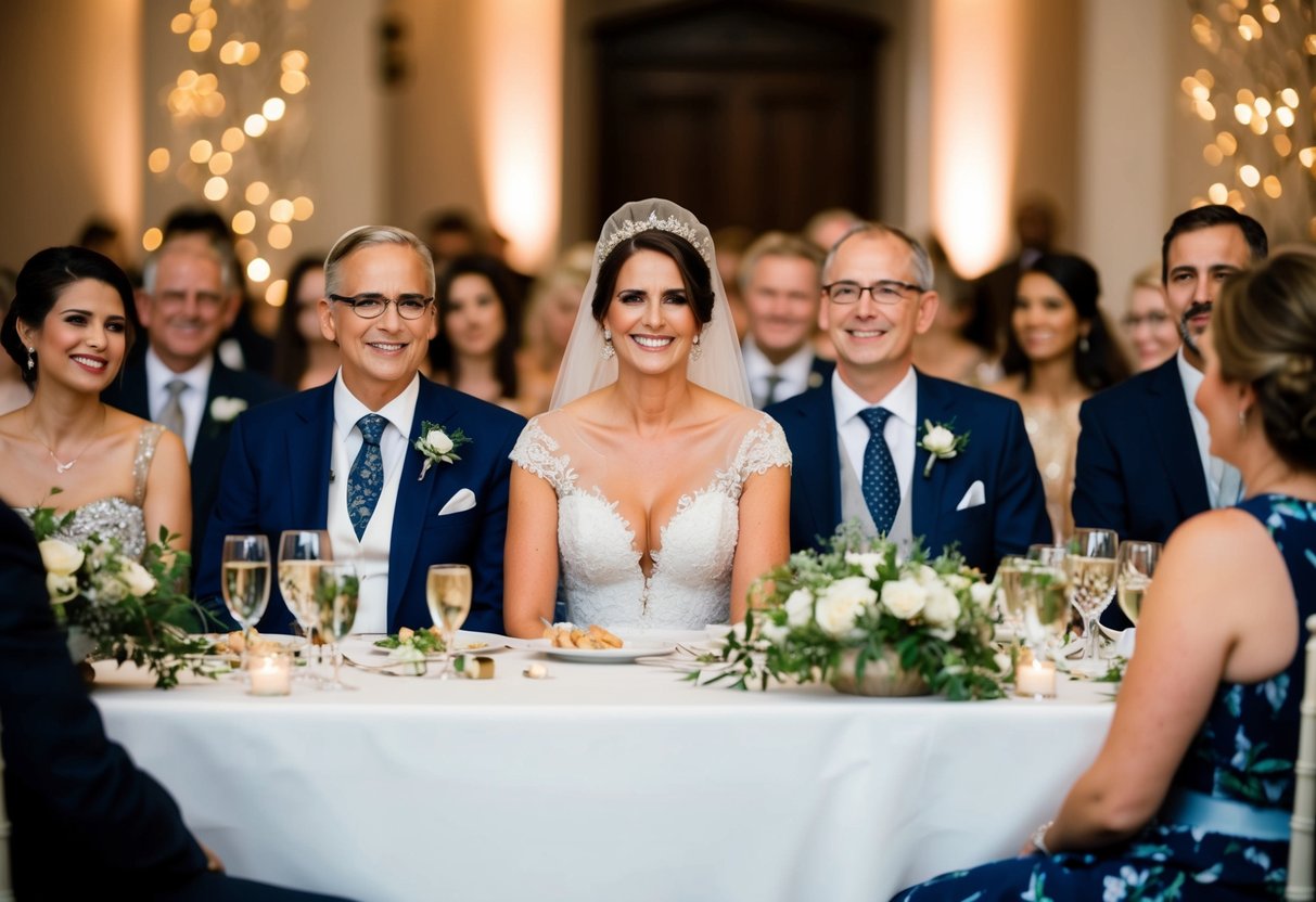 A woman in an elegant dress sits at the head table, surrounded by family and friends. She smiles as she watches the wedding festivities