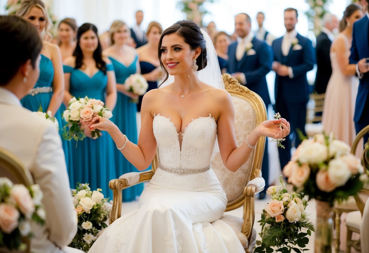 A woman in an elegant dress sits gracefully on a decorated chair, surrounded by flowers and a bustling wedding scene