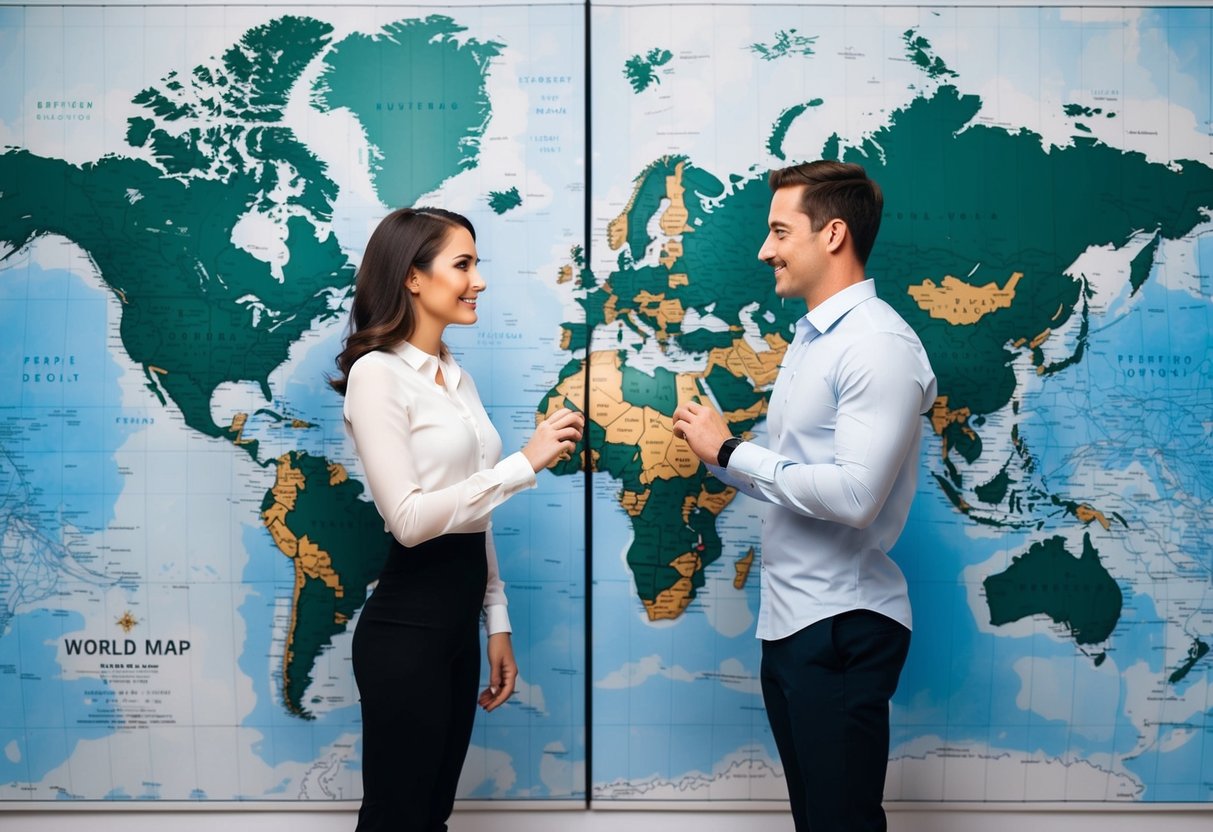 A man and woman stand on opposite sides of a world map, each holding a ring. They are connected by a line that stretches between them